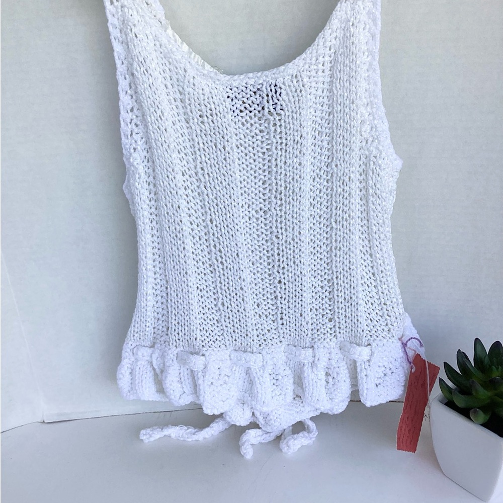 Crop Top Hand Crafted Crochet Halter White Ribbed Tank Boho Ruffle Crystals - Picture 4 of 16
